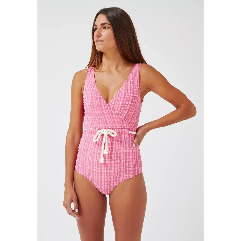 Lisa Marie Fernandez Pink Seersucker Wrap One Piece Swimsuit Rope Belt Size 1